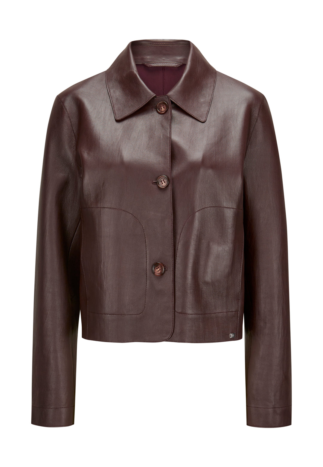 Bordeauxrote Lederjacke von Milestone, mit Hemdkragen und Knopfverschluss.
