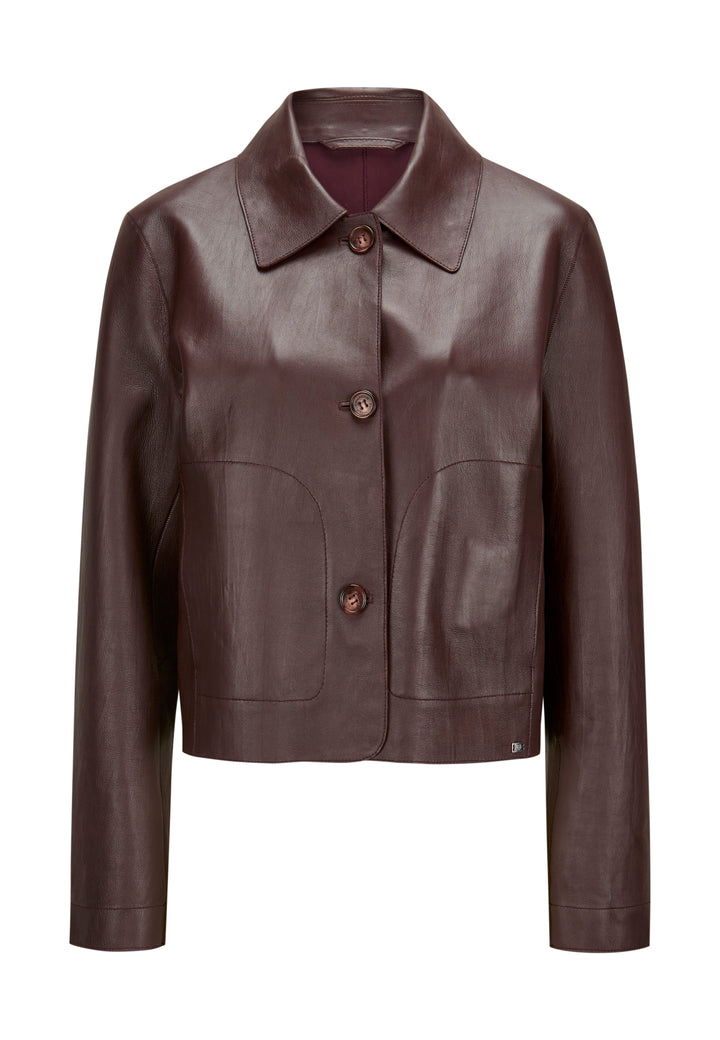 Bordeauxrote Lederjacke von Milestone, mit Hemdkragen und Knopfverschluss.