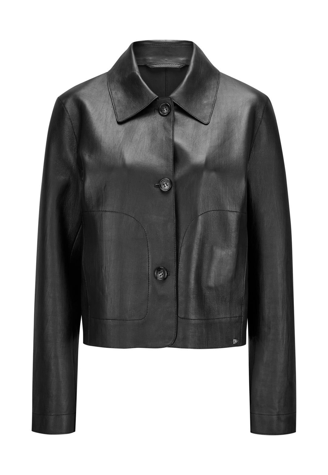 Schwarze Lederjacke von Milestone, mit Hemdkragen und Knopfverschluss.