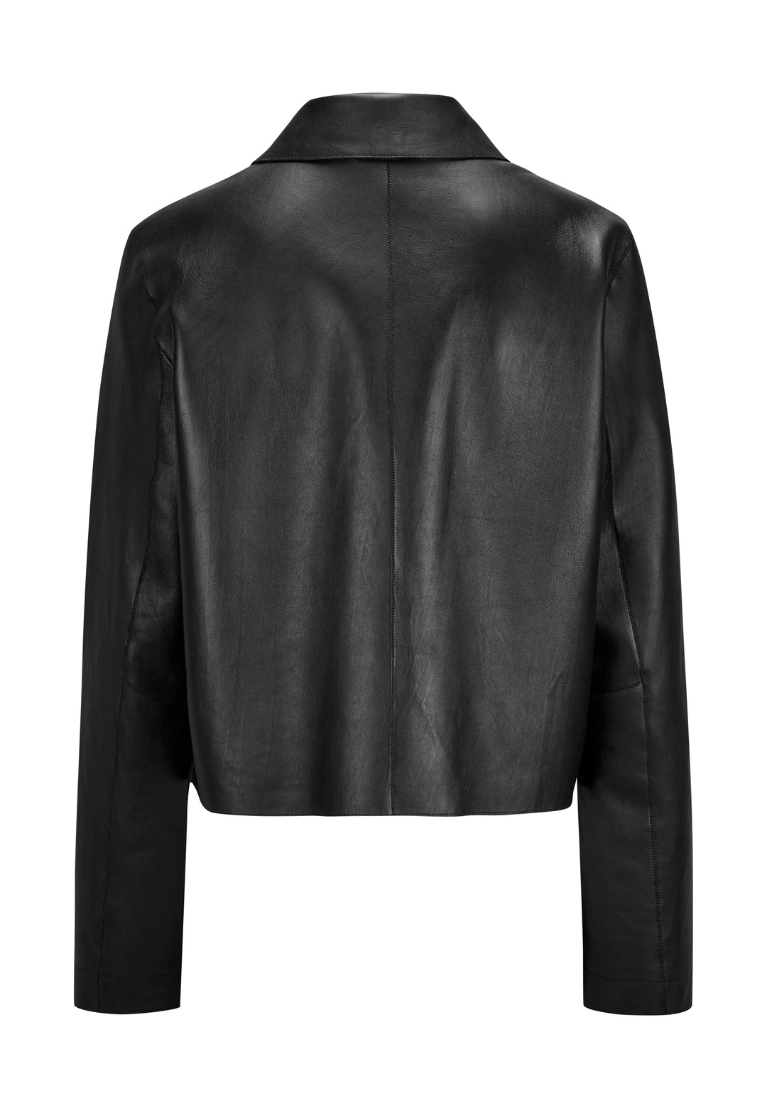 Schwarze Lederjacke von Milestone, mit Hemdkragen und Knopfverschluss.