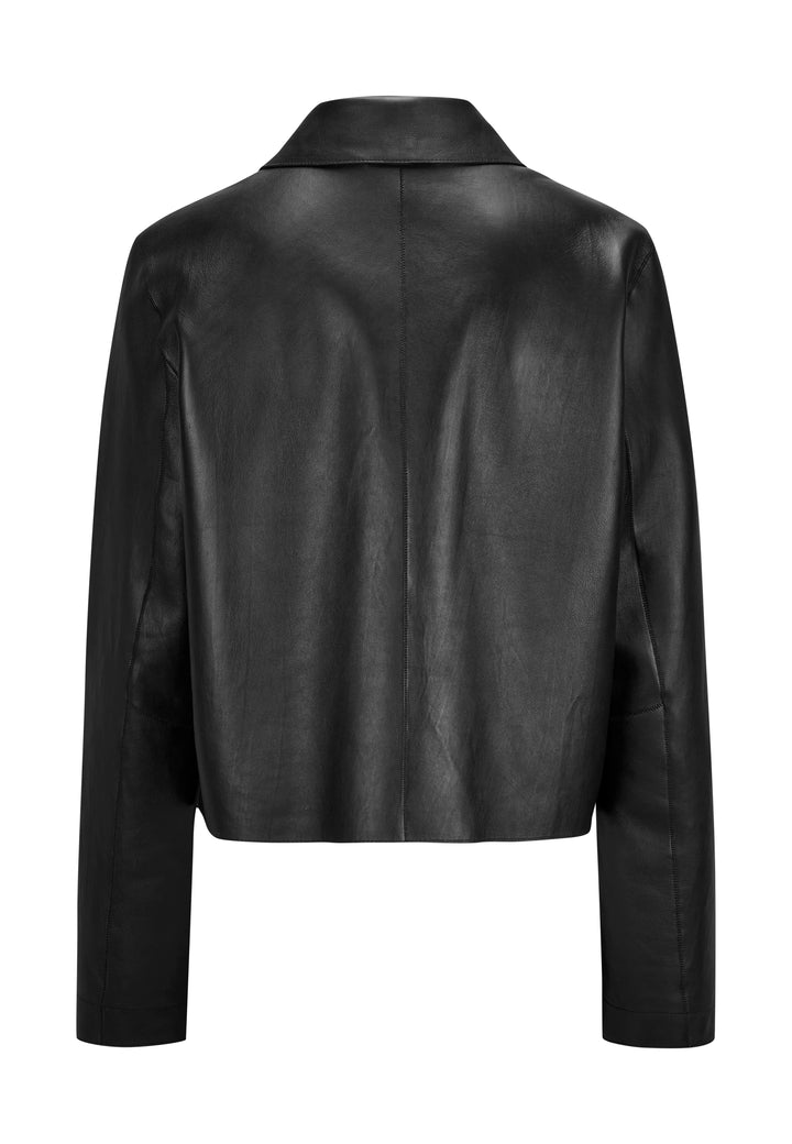 Schwarze Lederjacke von Milestone, mit Hemdkragen und Knopfverschluss.