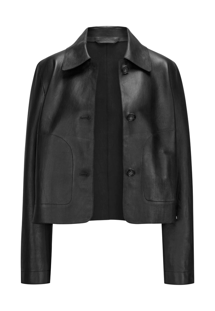 Schwarze Lederjacke von Milestone, mit Hemdkragen und Knopfverschluss.