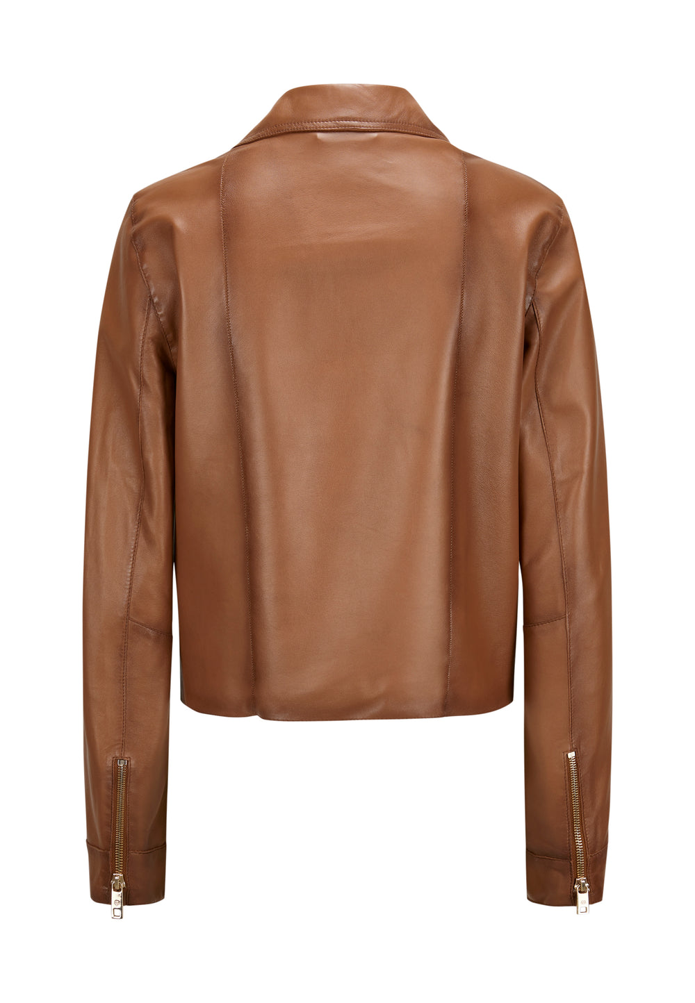 Die Lederjacke von Milestone ist im Bikerstil mit diagonalem Reißverschluss, Metall-Details. Sie ist leicht tailliert und hellbraun.