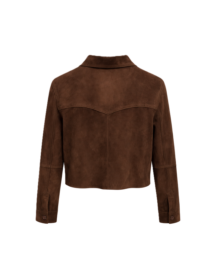 Lederjacke von Milestone mit Hemdkragen und Knöpfen in braun. Die Übergangsjacke MSAmy hat einen verkürzten Schnitt.