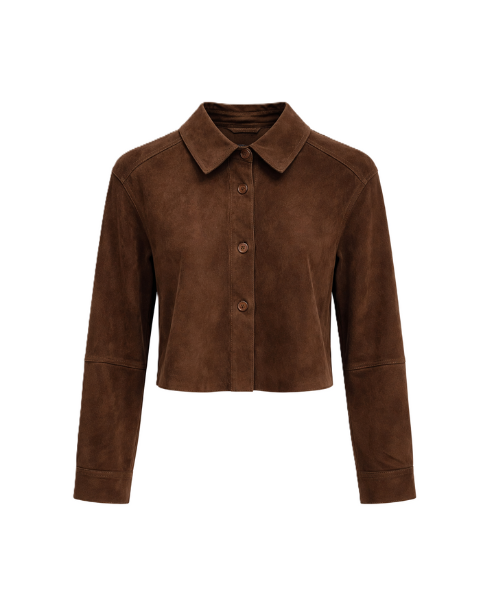 Lederjacke von Milestone mit Hemdkragen und Knöpfen in braun. Sie hat einen verkürzten Schnitt.