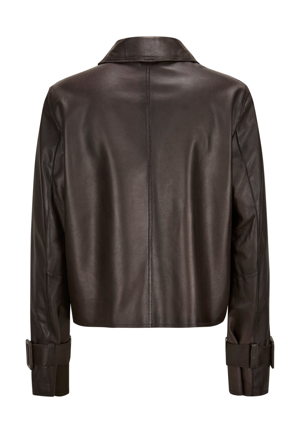 Dunkelbraune Lederjacke von Milestone. Sie hat einen Hemdkragen und einen Knopfverschluss.