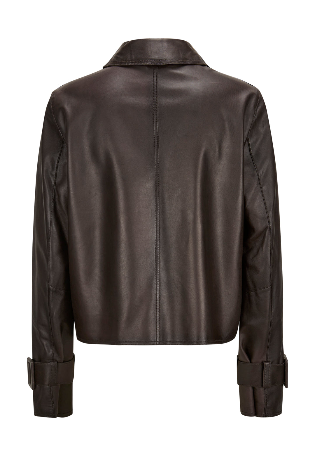 Dunkelbraune Lederjacke von Milestone. Sie hat einen Hemdkragen und einen Knopfverschluss.