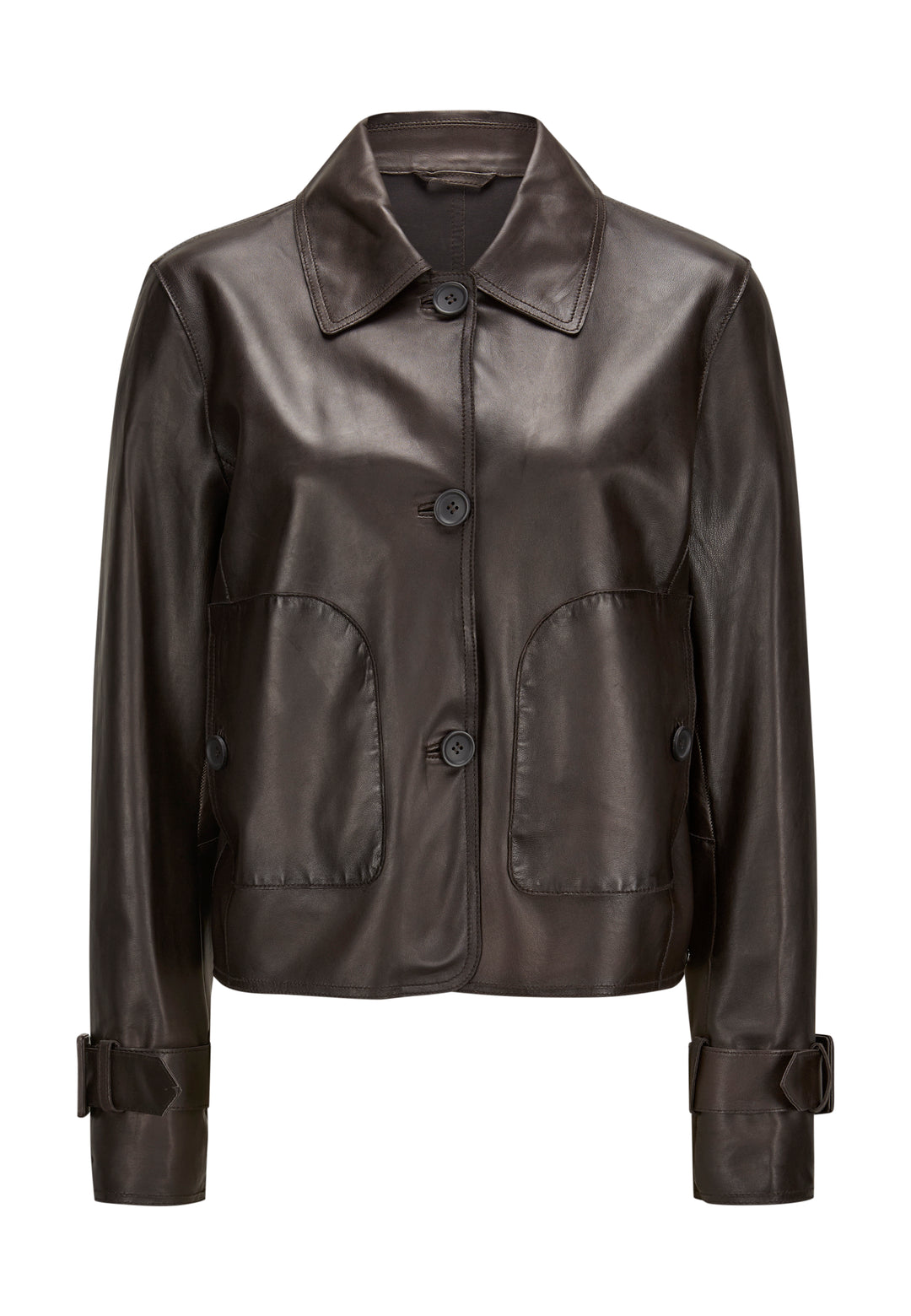 Dunkelbraune Lederjacke von Milestone. Sie hat einen Hemdkragen und einen Knopfverschluss.