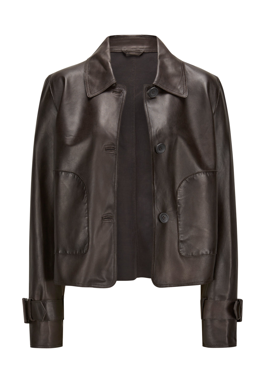 Dunkelbraune Lederjacke von Milestone. Sie hat einen Hemdkragen und einen Knopfverschluss.