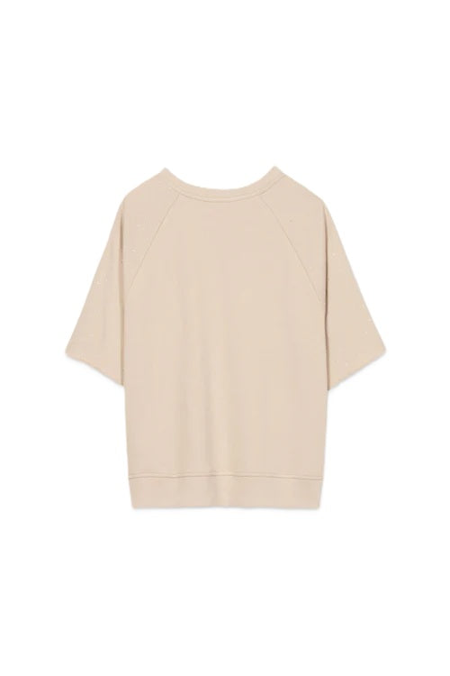 Sweatshirt von Luisa Cerano mit Raglanärmel und Glitzerstein. Kurzarm Pullover in beige mit Rundhals. 