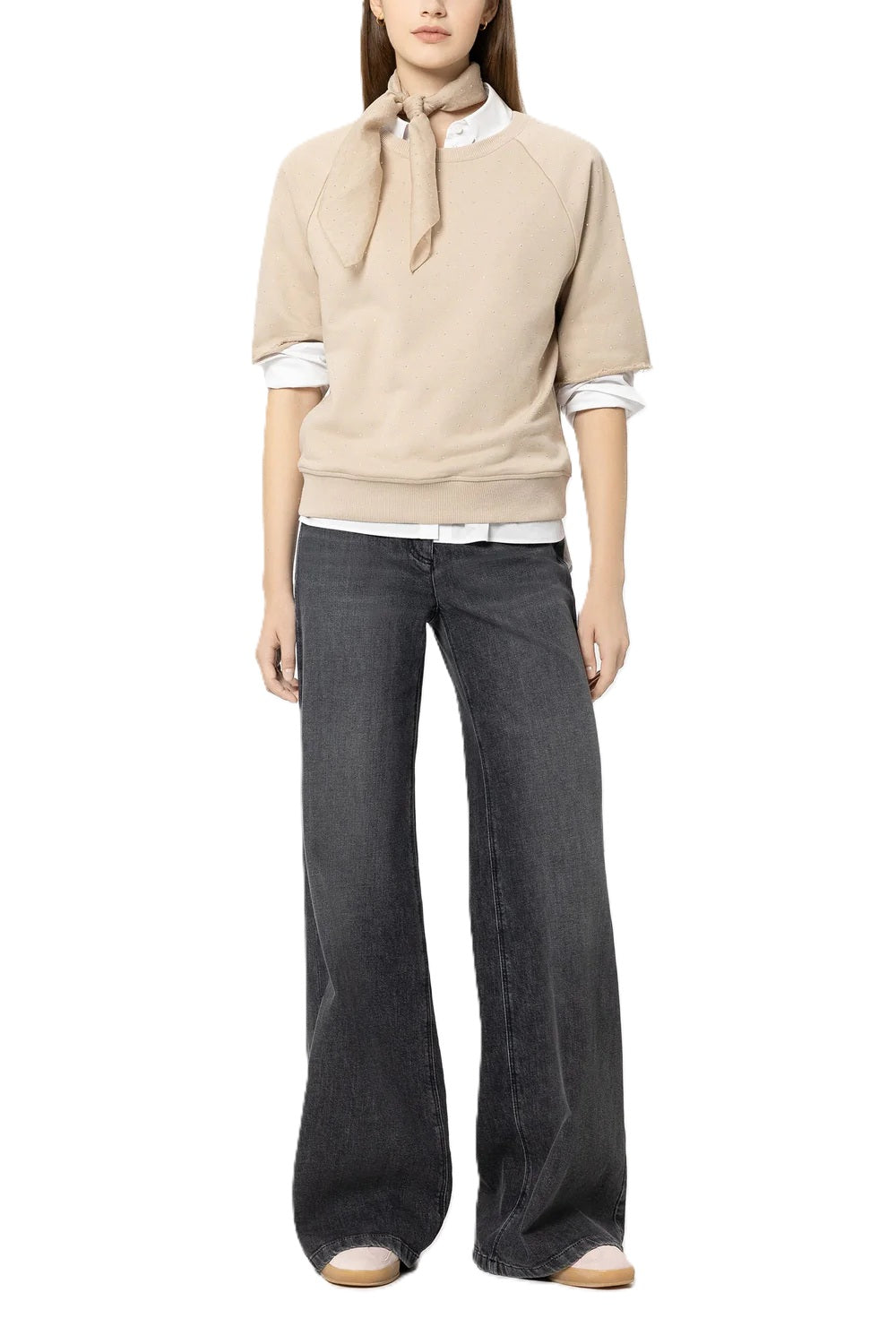 Sweatshirt von Luisa Cerano mit Raglanärmel und Glitzerstein. Kurzarm Pullover in beige mit Rundhals. 