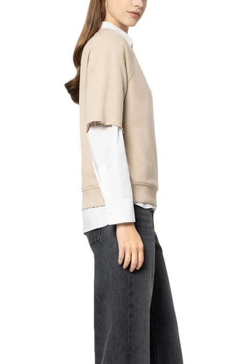Sweatshirt von Luisa Cerano mit Raglanärmel und Glitzerstein. Kurzarm Pullover in beige mit Rundhals. 