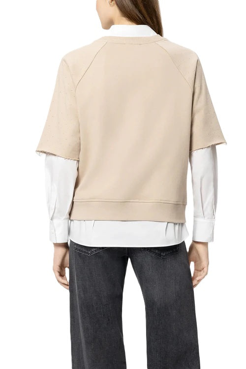 Sweatshirt von Luisa Cerano mit Raglanärmel und Glitzerstein. Kurzarm Pullover in beige mit Rundhals. 