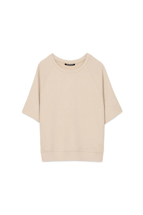 Sweatshirt von Luisa Cerano mit Raglanärmel und Glitzerstein. Kurzarm Pullover in beige mit Rundhals. 