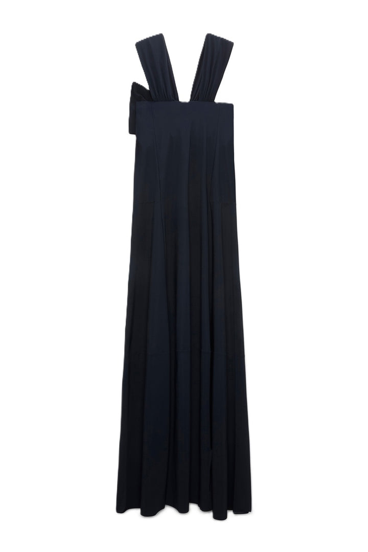 Kleid von Dorothee Schumacher MODERN FLOW dress in dark navy. Das Kleid ist lang, hat einen eingestzten BH und hat ein Schleifendetails mit breiten Trägern. 