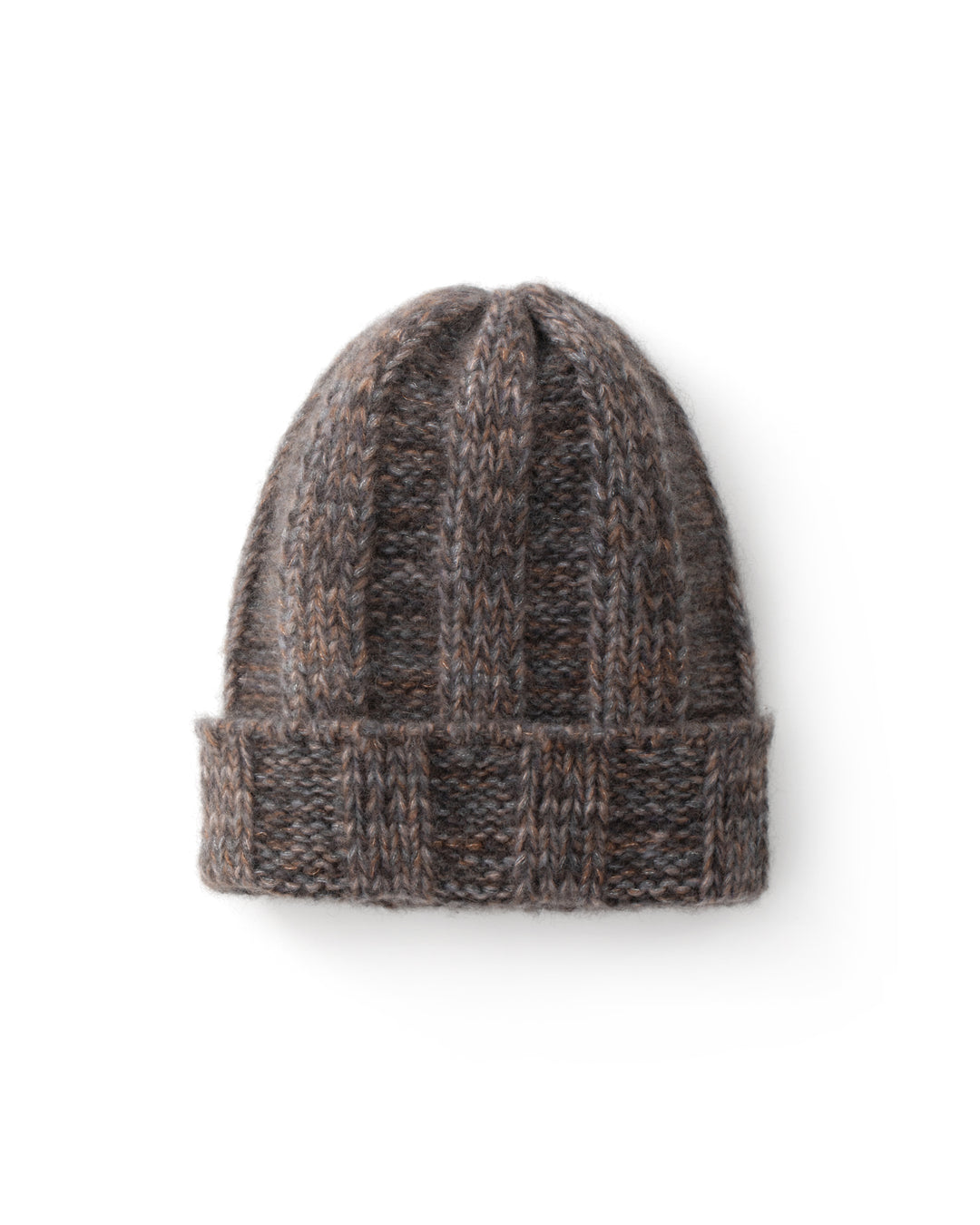 Braun-graue Beanie-Mütze LEAS von Luren aus Kaschmir-Seide mit Rippenstrick und breitem Umschlag.