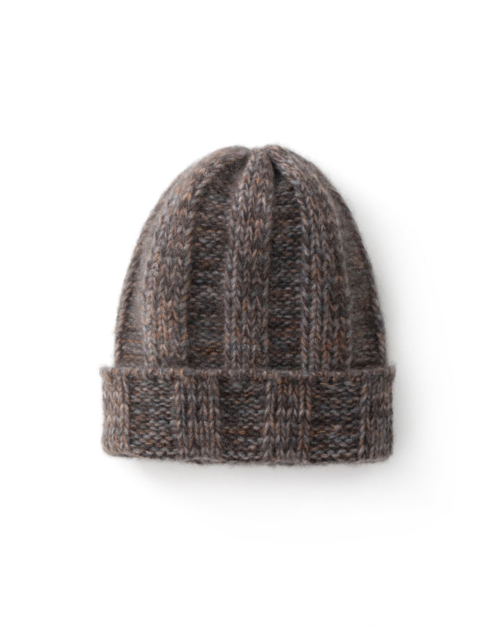 Braun-graue Beanie-Mütze LEAS von Luren aus Kaschmir-Seide mit Rippenstrick und breitem Umschlag.