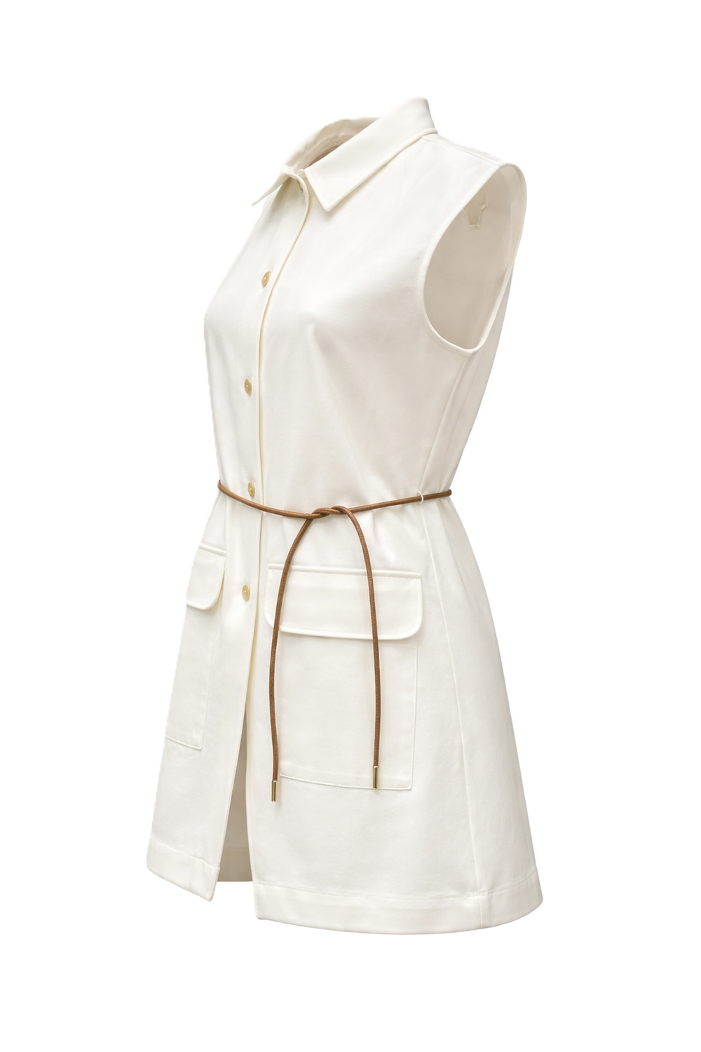 Longweste von Herno in ecru mit Kragen und Knopfleiste. Die Weste hat keine Ärmel, einen brauen Fakeledergürtel und ist mittellang. Der Stoff fühlt sich wie Jersey an. 