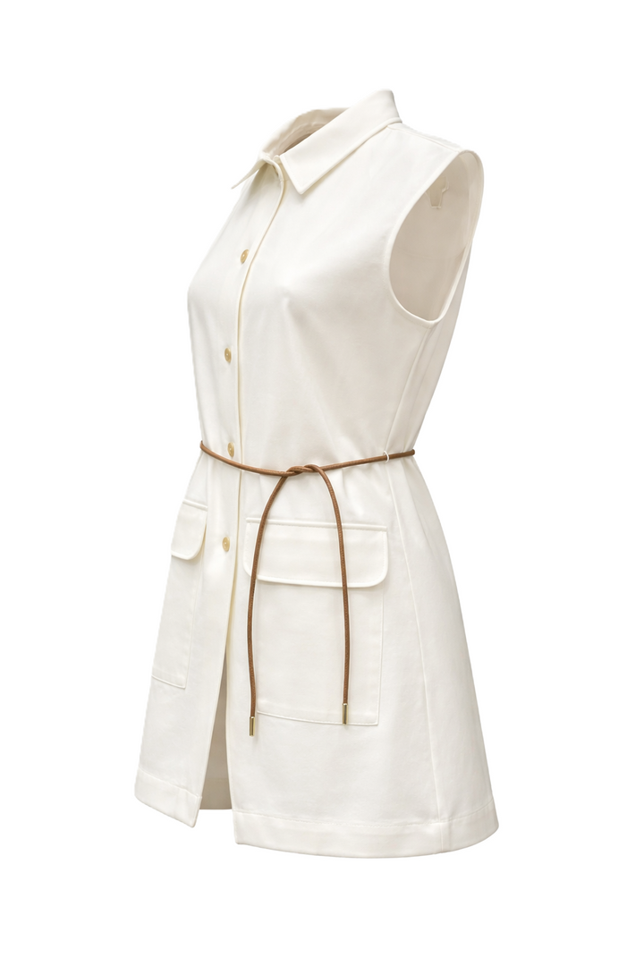 Longweste von Herno in ecru mit Kragen und Knopfleiste. Die Weste hat keine Ärmel, einen brauen Fakeledergürtel und ist mittellang. Der Stoff fühlt sich wie Jersey an. 