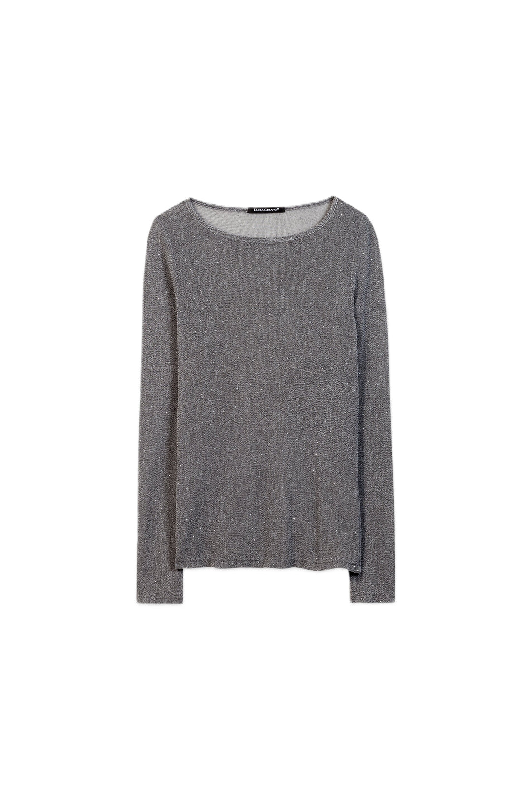Silber-graues Mesh-Oberteil von Luisa Cerano mit transparentem Design, Glitzerstein-Besatz, Rundhalsausschnitt und langen Ärmeln.