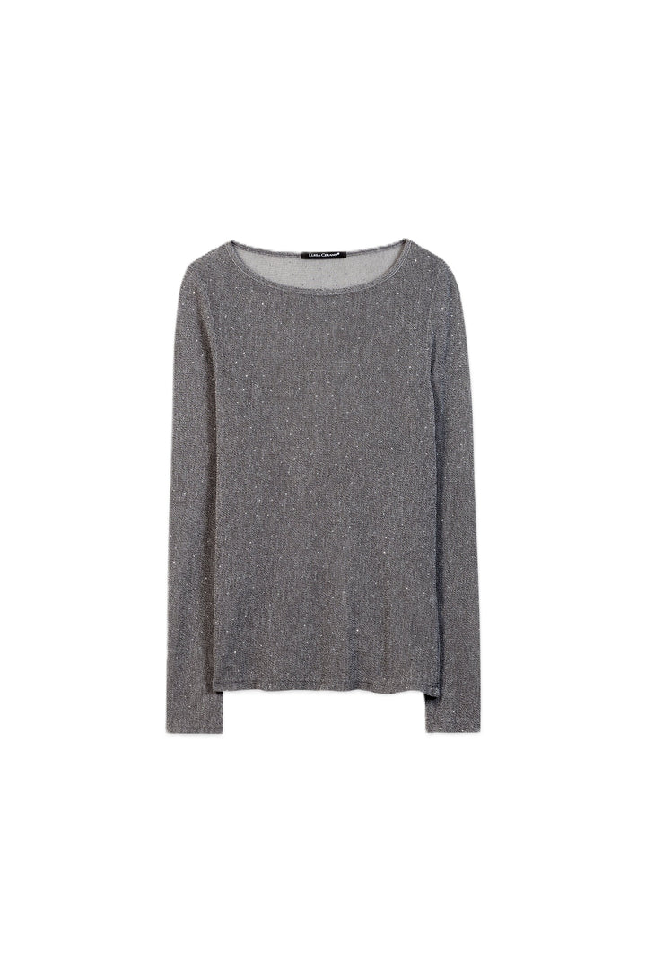 Silber-graues Mesh-Oberteil von Luisa Cerano mit transparentem Design, Glitzerstein-Besatz, Rundhalsausschnitt und langen Ärmeln.