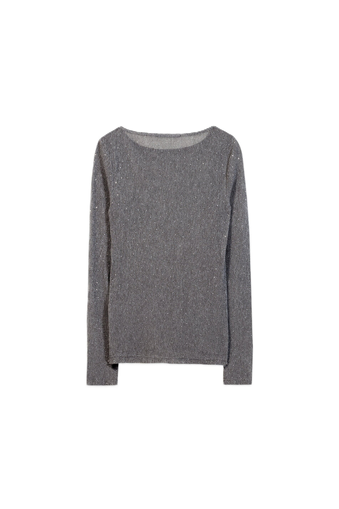 Silber-graues Mesh-Oberteil von Luisa Cerano mit transparentem Design, Glitzerstein-Besatz, Rundhalsausschnitt und langen Ärmeln.