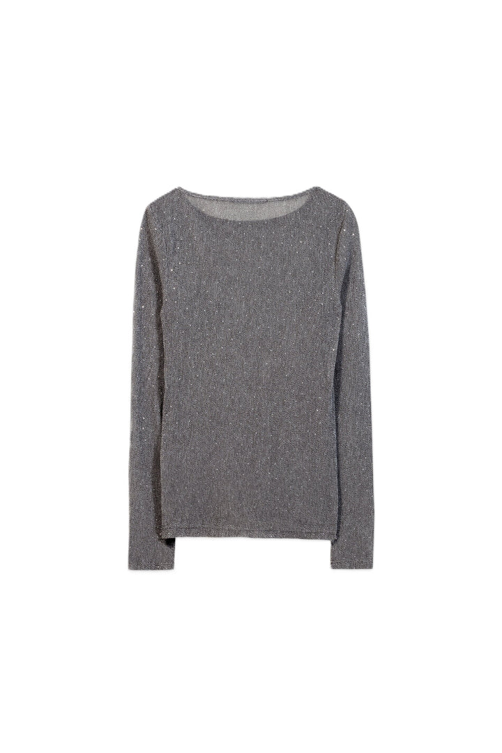 Silber-graues Mesh-Oberteil von Luisa Cerano mit transparentem Design, Glitzerstein-Besatz, Rundhalsausschnitt und langen Ärmeln.