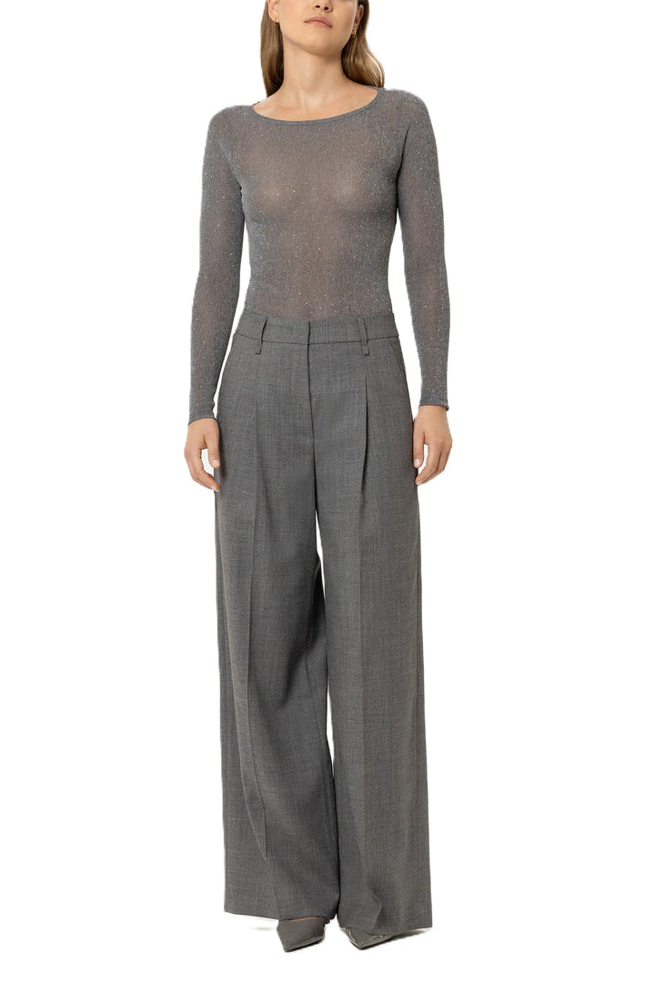 Silber-graues Mesh-Oberteil von Luisa Cerano mit transparentem Design, Glitzerstein-Besatz, Rundhalsausschnitt und langen Ärmeln.