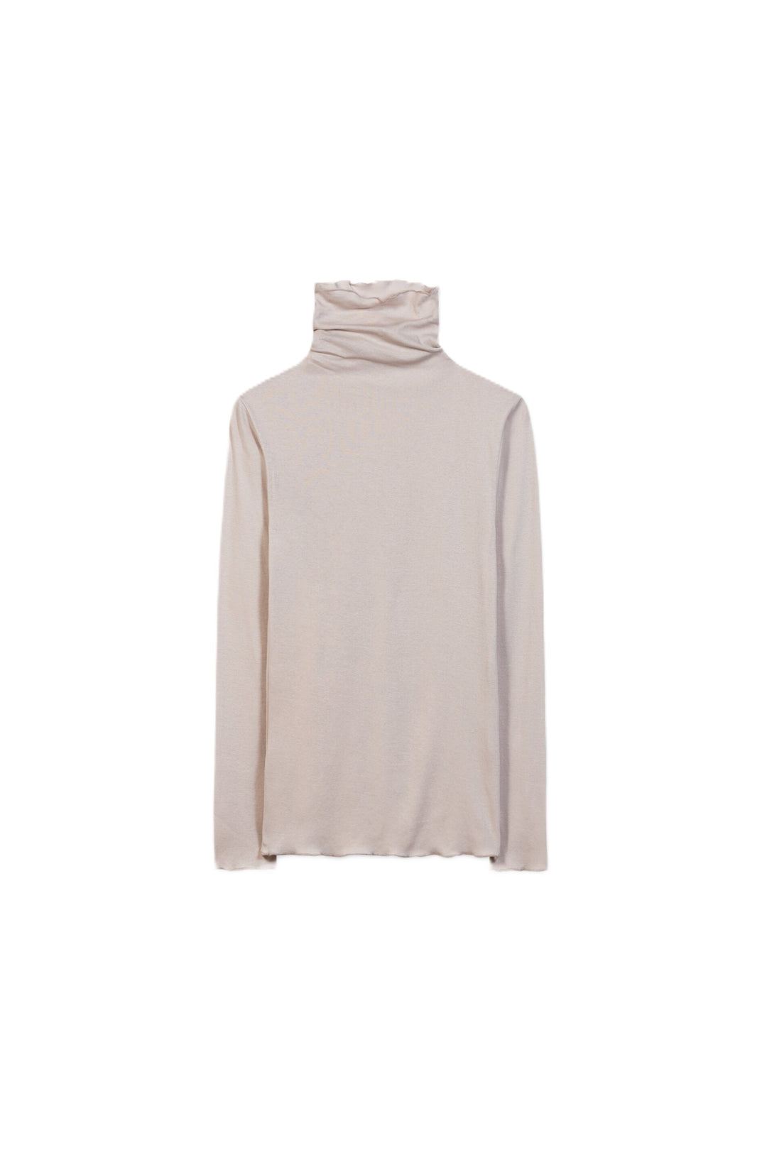 Beiges Rollkragen-Shirt von Luisa Cerano aus Baumwolle mit körpernaher Passform, langen Ärmeln und feinen Babylock-Kanten.