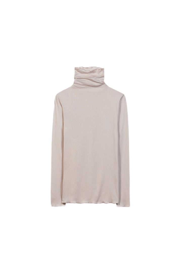 Beiges Rollkragen-Shirt von Luisa Cerano aus Baumwolle mit körpernaher Passform, langen Ärmeln und feinen Babylock-Kanten.