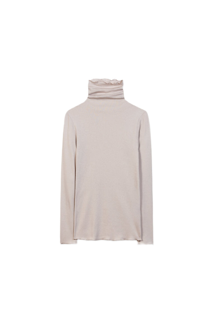 Beiges Rollkragen-Shirt von Luisa Cerano aus Baumwolle mit körpernaher Passform, langen Ärmeln und feinen Babylock-Kanten.