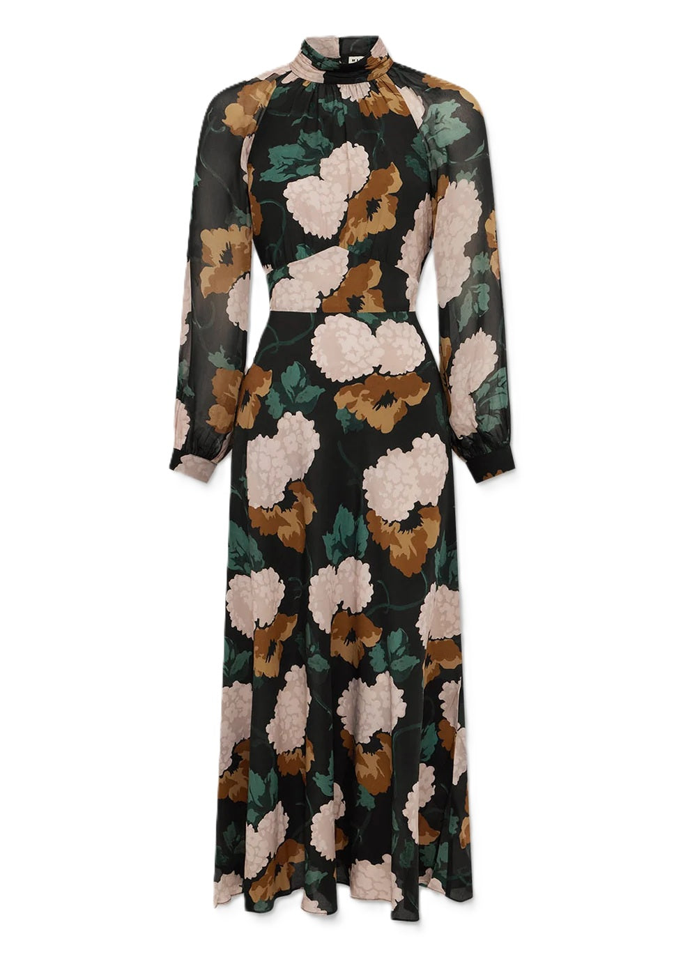 Kleid Rixo Paige Dress Hydrangea Floral Charcoal. Wunderschönes Kleid mit romantischem Blumenprint. Das Kleid hat eine lange Länge und einen Bindegürtel auf der Rückseite, mit dem man einen schönen Kontrast setzen kann. Das Kleid hat einen Stehkragen. Es hat lange Ärmel mit einer kleinen Manschette. An der Taille ist es schmal geschnitten, der Rock ist fließend und leicht ausgestellt.