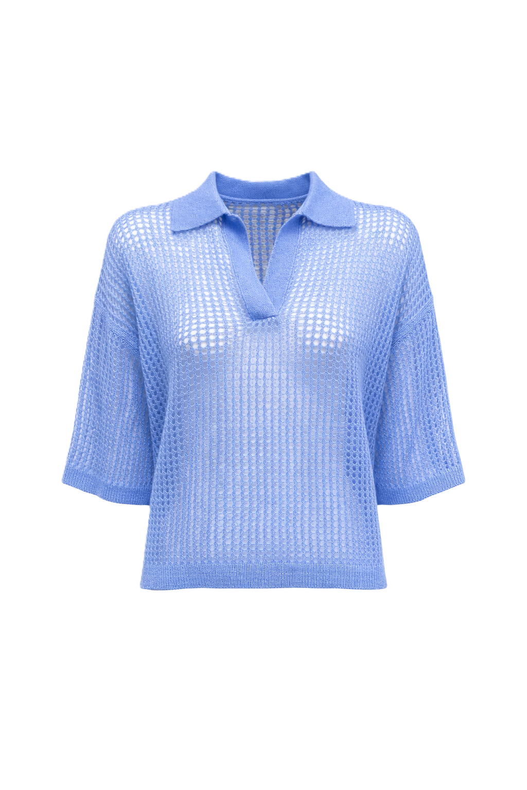 Handgestickter Polo-Pullover in Netzstrick-Optik mit Polo-Kragen und kurzen Ärmeln. In blau aus weichem Kaschmir-Seide-Material und perfekt für sommerliche Outfits.