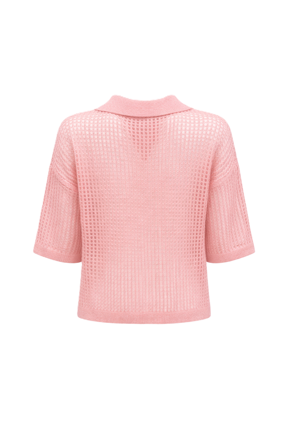 Handgestickter Polo-Pullover in Netzstrick-Optik mit Polo-Kragen und kurzen Ärmeln. In zartem Rosa aus weichem Kaschmir-Seide-Material und perfekt für sommerliche Outfits.