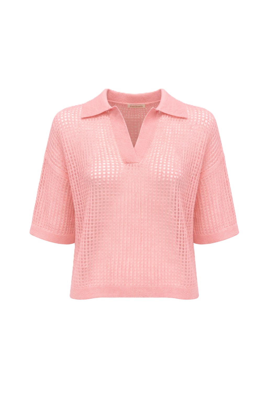 Handgestickter Polo-Pullover in Netzstrick-Optik mit Polo-Kragen und kurzen Ärmeln. In zartem Rosa aus weichem Kaschmir-Seide-Material und perfekt für sommerliche Outfits.