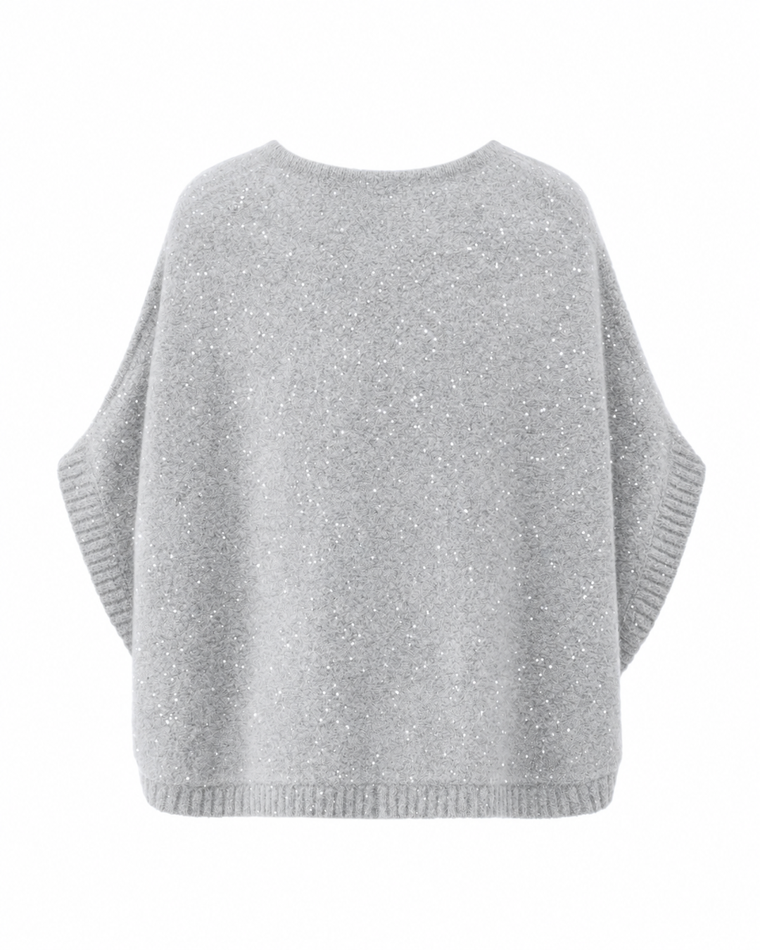 Grauer Poncho TRISHA von Luren mit eingearbeiteten Glitzerpailletten, Oversize-Silhouette und Rundhalsausschnitt. Aus Kaschmir-Seide Strick.
