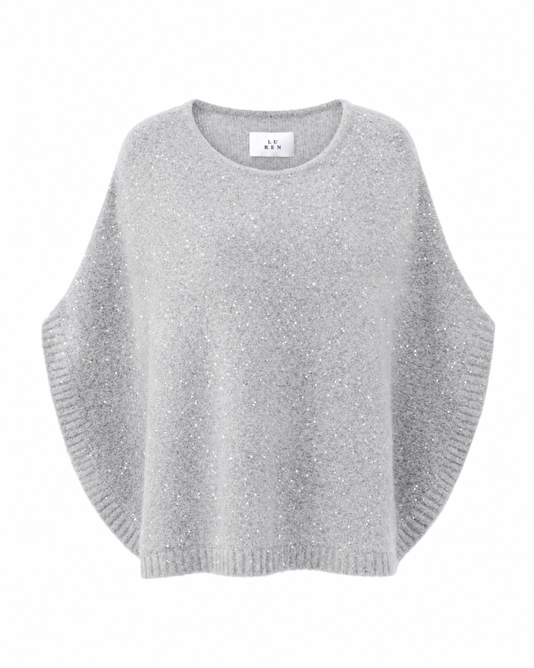 Grauer Poncho TRISHA von Luren mit eingearbeiteten Glitzerpailletten, Oversize-Silhouette und Rundhalsausschnitt. Aus Kaschmir-Seide Strick.