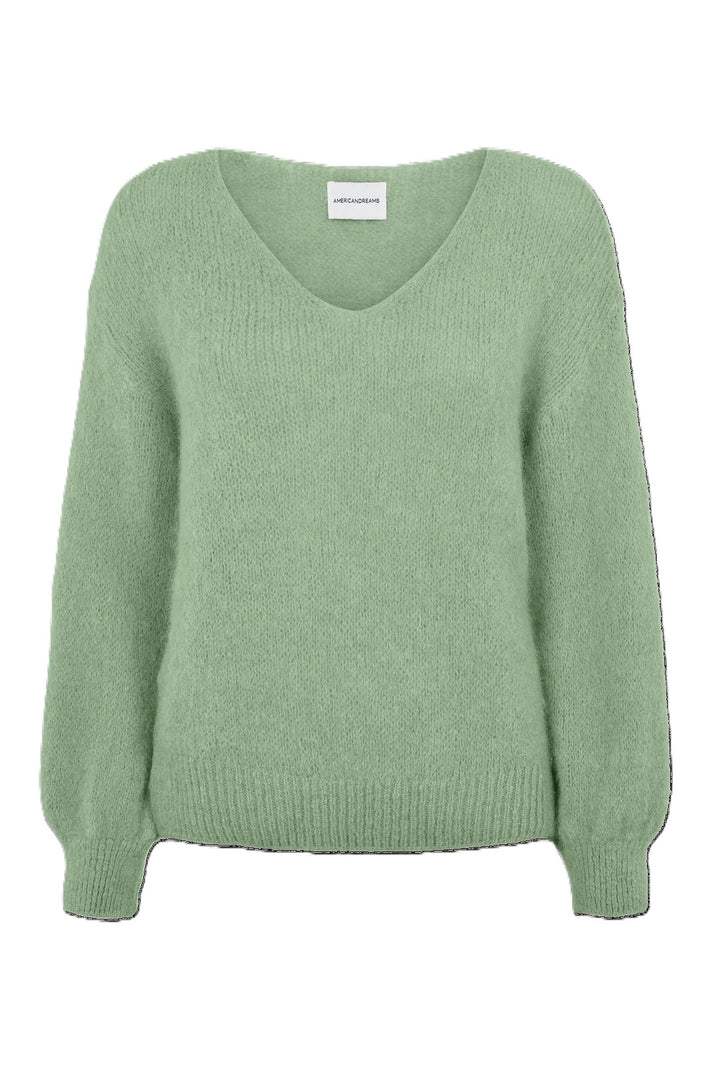 Pullover American Dreams Milana LS Alpaca Pullover in grün mit V Ausschnitt oversized Strickbund 