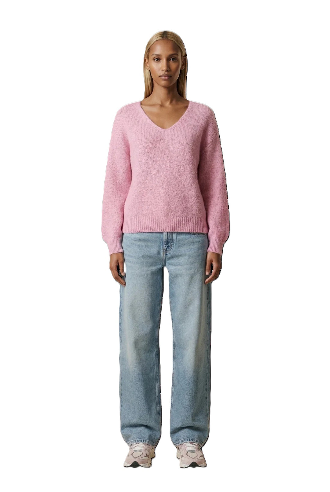 Pullover American Dreams Milana LS Alpaca Pullover in rosa mit V Ausschnitt oversized Strickbund 