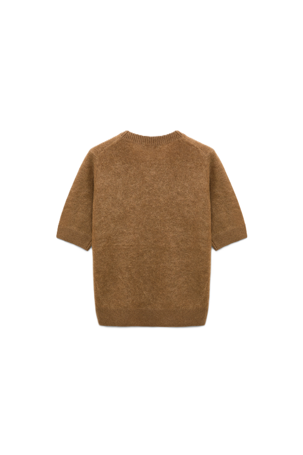 Brauner Pullover von Dorothee Schumacher aus Merino-Kaschmir mit Fluffy-Knit-Optik und kurzen Ärmeln, sowie einem Rundhalsausschnitt.