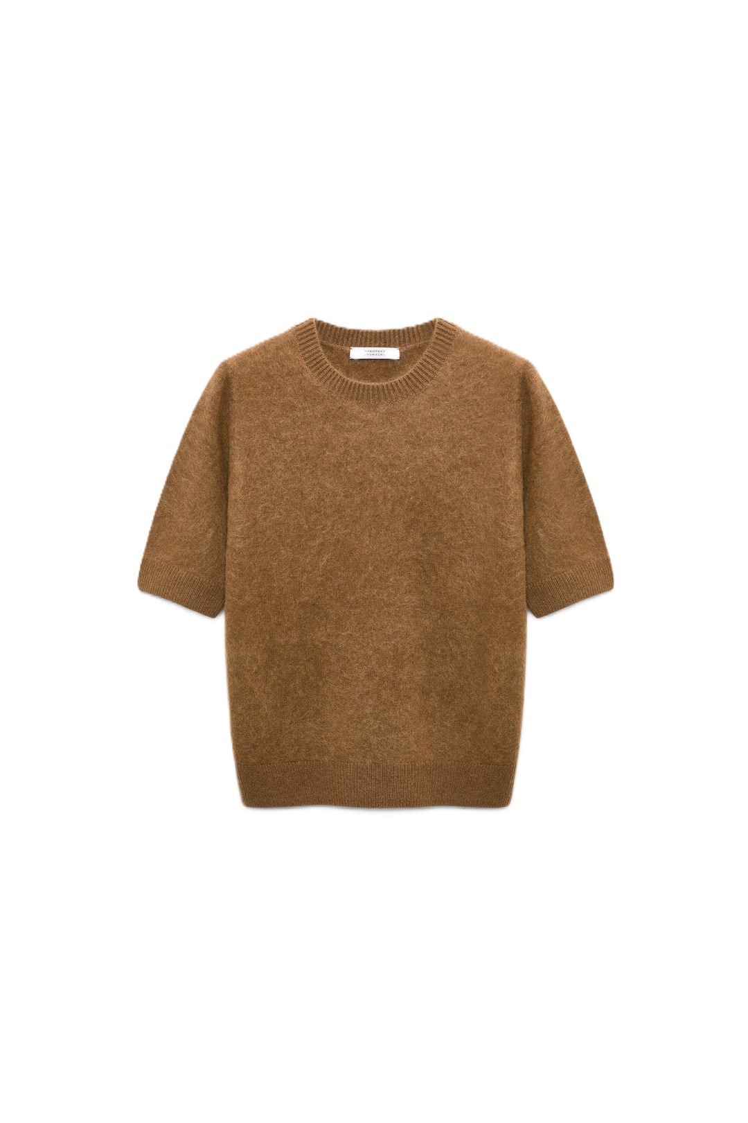 Brauner Pullover von Dorothee Schumacher aus Merino-Kaschmir mit Fluffy-Knit-Optik und kurzen Ärmeln, sowie einem Rundhalsausschnitt.