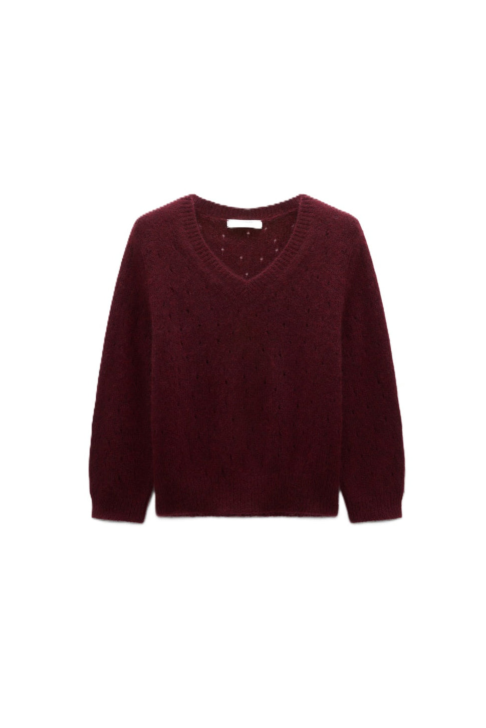 En Dunkelroter Kaschmir-Pullover von Dorotheeschumacher mit langen Ärmeln und V-Ausschnitt. Wunderschöner Lochstrick.