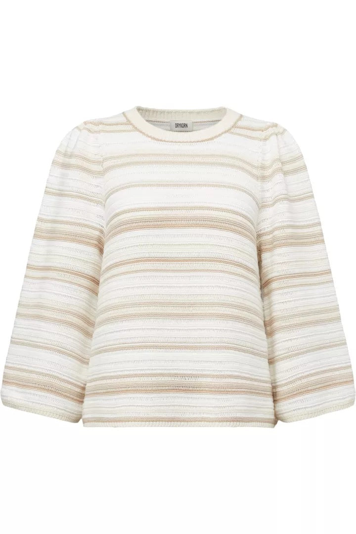 Pullover Drykorn NEFELAY 10. Schöner sommerlicher Pullover in beige und weiß. Der Pullover hat einen Rundhalsausschnitt und etwas weiter geschnittene Ärmel. Er ist verkürzt geschnitten