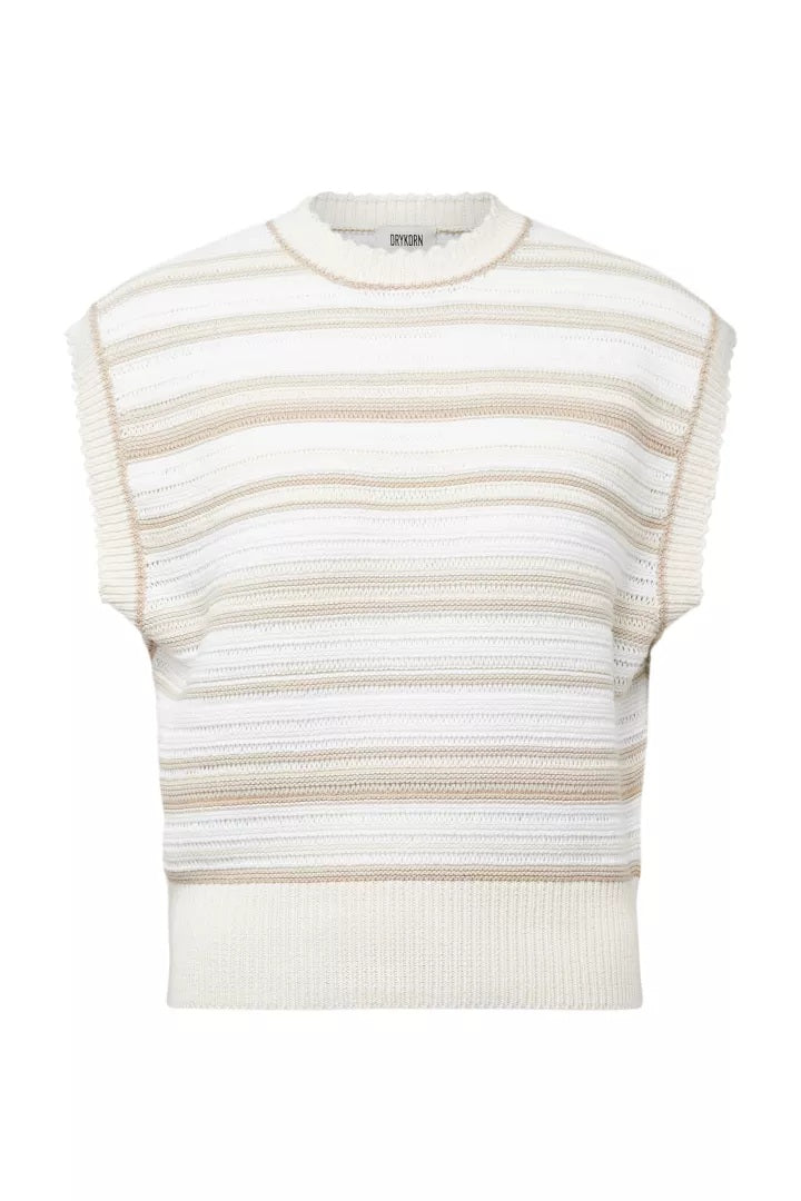 Pullover Drykorn OFELY 10. Schöner sommerlicher Pullover ohne Ärmel in beige und weiß. Der Pullover besteht aus einer Häkeloptik und ist toll im Sommer zu tragen. Er hat einen Rundhalsausschnitt und ist verkürzt geschnitten. Die Ärmel sind leicht überschnitten. 