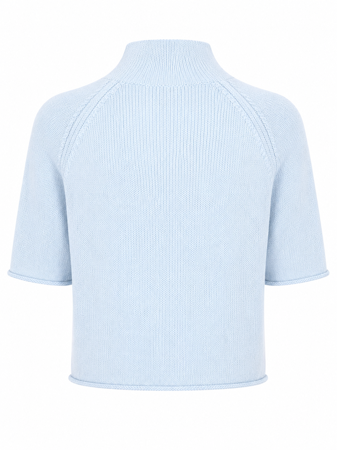 Kurzarm-Pullover von Handmade aus Kaschmir mit Stehkragen, Raglanärmeln und Cropped-Schnitt, erhältlich in Hellblau.