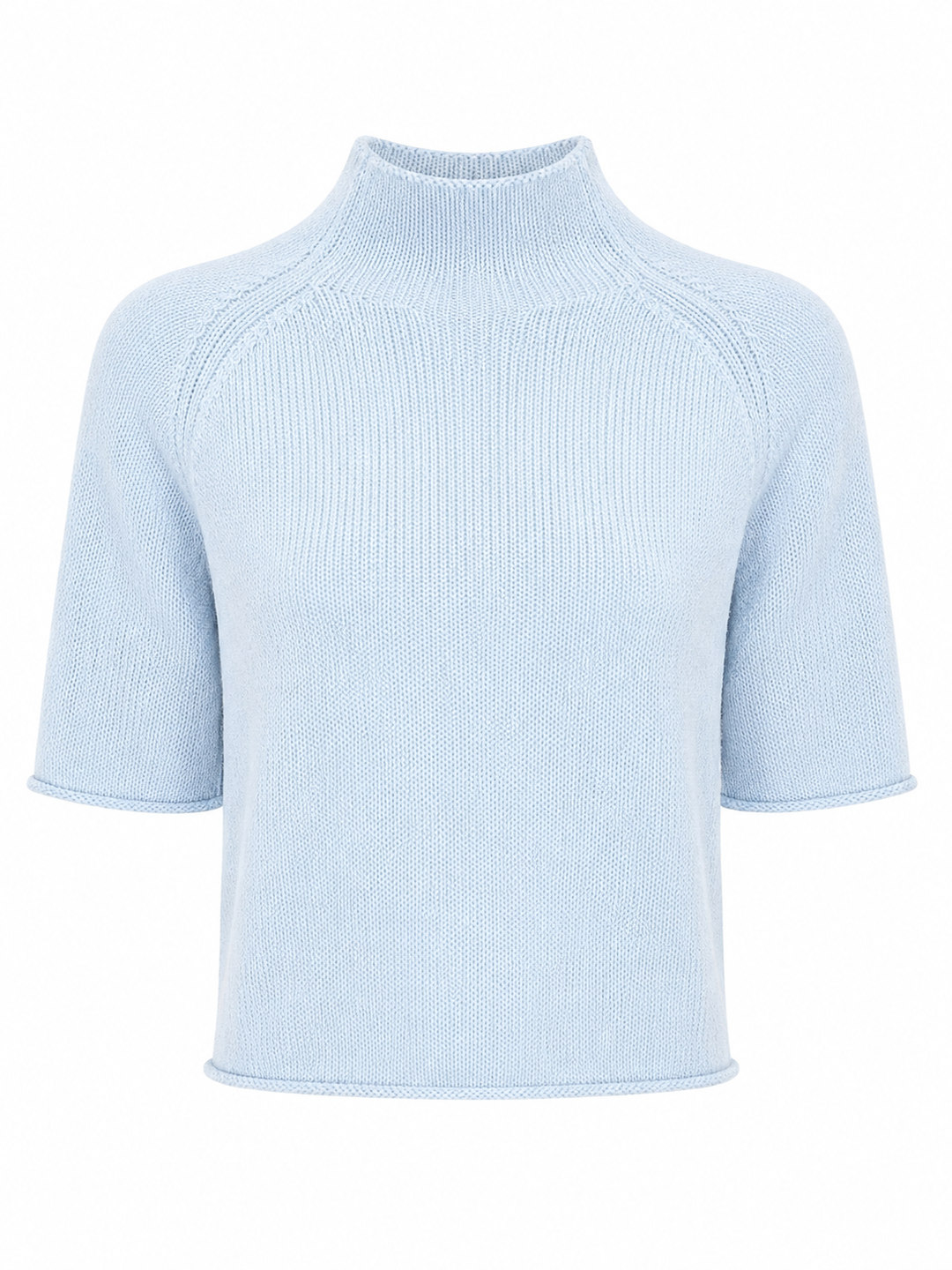 Kurzarm-Pullover von Handmade aus Kaschmir mit Stehkragen, Raglanärmeln und Cropped-Schnitt, erhältlich in Hellblau.