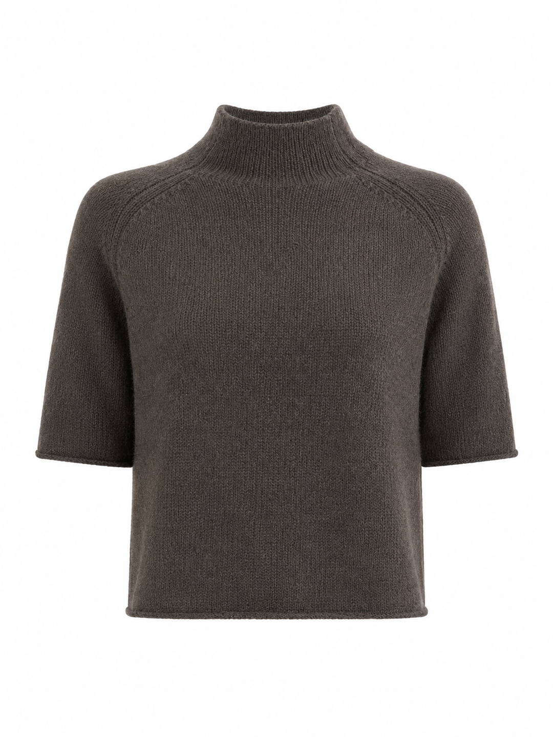Kurzarm-Pullover von Handmade aus Kaschmir mit Stehkragen, Raglanärmeln und Cropped-Schnitt, erhältlich in Braun.