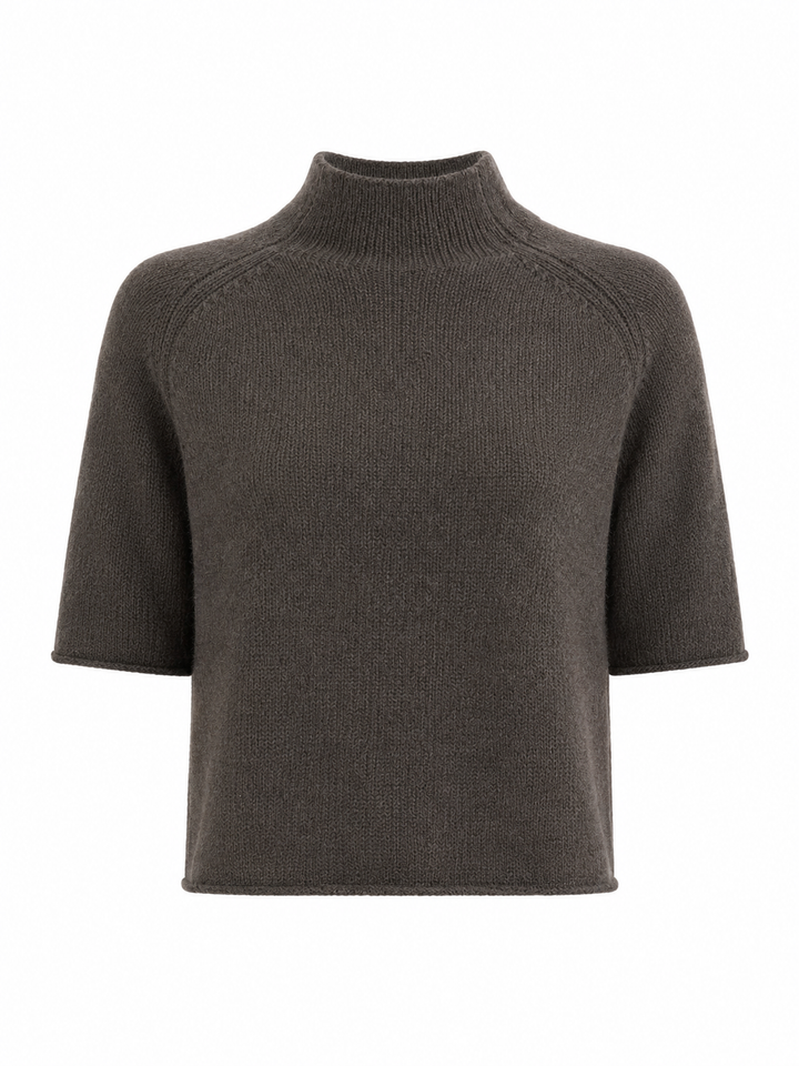 Kurzarm-Pullover von Handmade aus Kaschmir mit Stehkragen, Raglanärmeln und Cropped-Schnitt, erhältlich in Braun.
