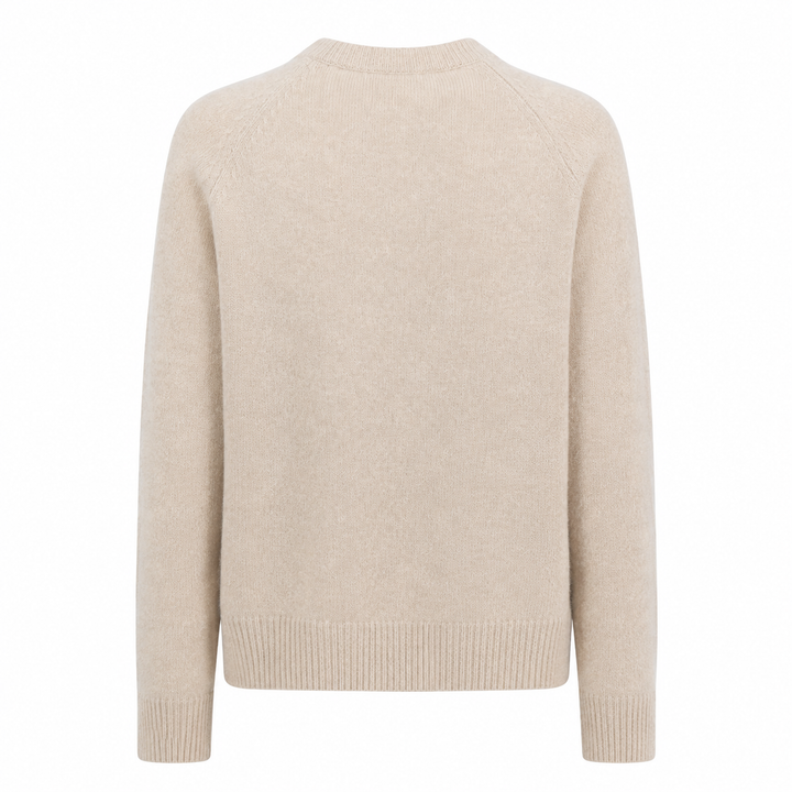Basic Sweater von Handmade aus weichem Kaschmir-Seide-Mix mit Rundhalsausschnitt, langen Ärmeln und Rippbündchen, erhältlich in Braun, Grau und Beige.