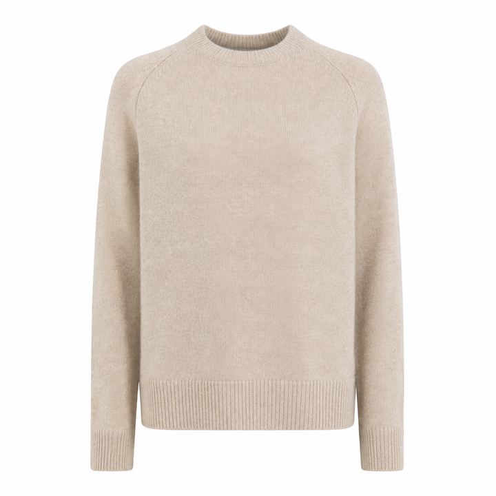 Basic Sweater von Handmade aus weichem Kaschmir-Seide-Mix mit Rundhalsausschnitt, langen Ärmeln und Rippbündchen, erhältlich in Braun, Grau und Beige.